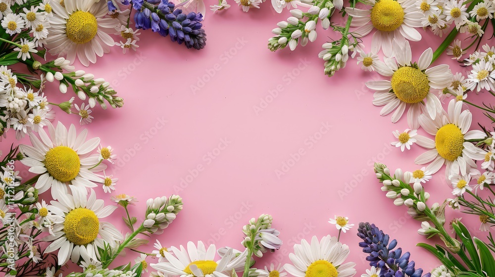 A beautiful frame of spring flowers bloomed vibrantly around the edges, their petals in shades of pink, purple, and yellow.
A beautiful frame of spring flowers bloomed vibrantly around the edges, their petals in shades of pink, purple, and yellow.
