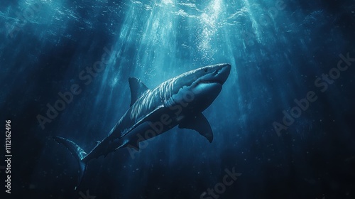 Majestic Great White Shark Gliding Gracefully Through Crystal Clear Ocean Waters Beneath Dramatic Light Rays in a Mystical Underwater Environment