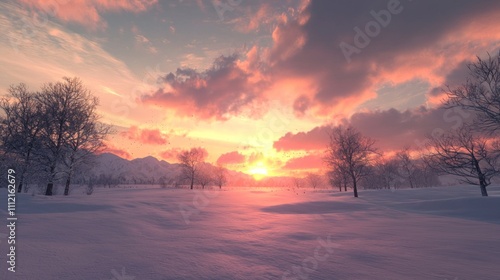 Majestic Winter Sunset: A Fiery Sky Over Snowy Landscape - Ultra-Detailed Photorealistic Image Capturing the Breathtaking Spectacle