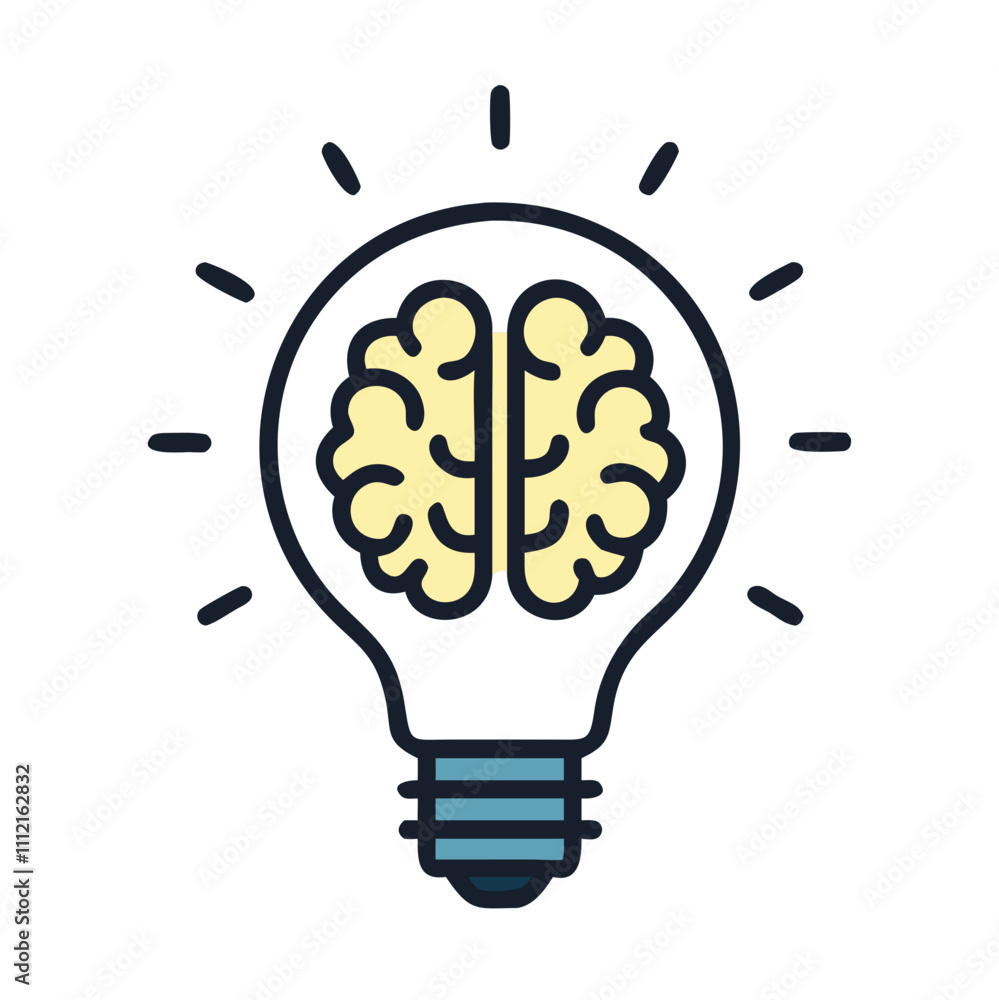 bulb icon with brain, black, yellow, blue bulb icon with brain, black, yellow, blue