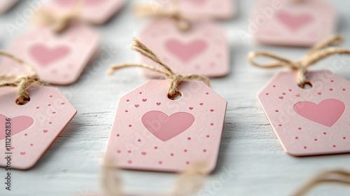 High-Quality Realistic Image of Pink Valentine Tags with Hearts on Clean White Background photo