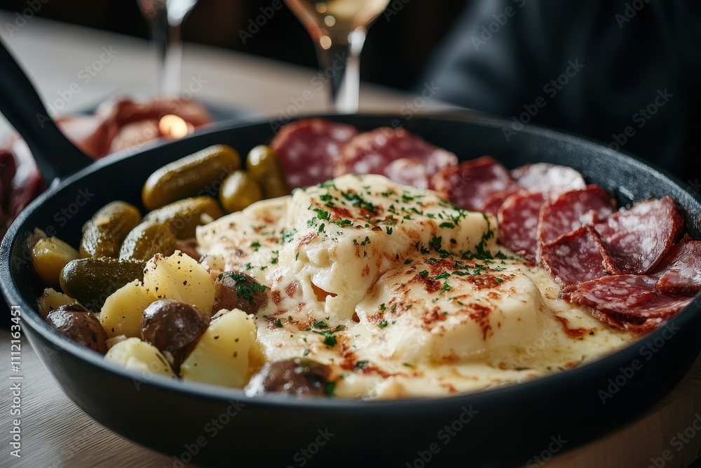 Raclette Cheese Melting: A traditional shot of raclette cheese melting over a dish of boiled potatoes Raclette Cheese Melting: A traditional shot of raclette cheese melting over a dish of boiled potatoes