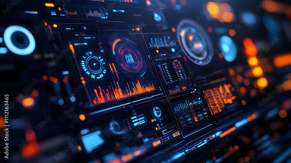 Futuristic Interface Control Panel with Intricate Neon Colored Digital Display for Sci-Fi Future Advanced Technology Innovation Concept. Futuristic Interface Control Panel with Intricate Neon Colored Digital Display for Sci-Fi Future Advanced Technology Innovation Concept.
