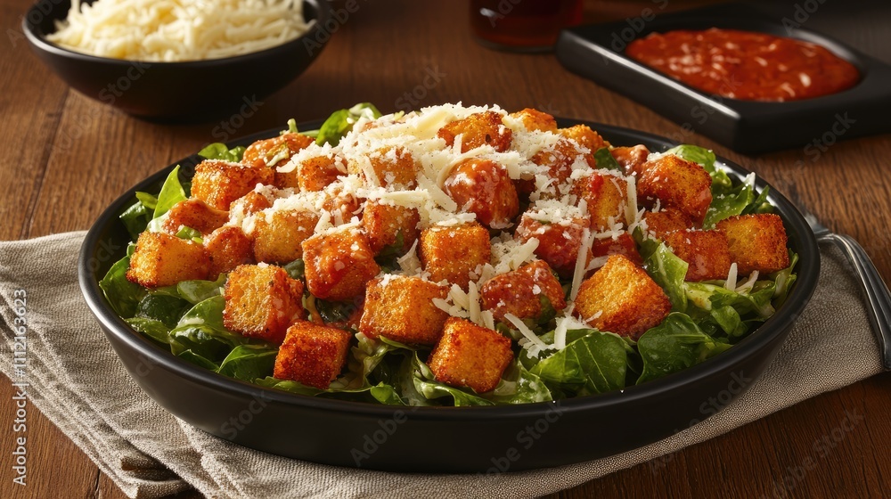 Delicious Fresh Salad with Crispy Cubes and Tomato Sauce Topping Delicious Fresh Salad with Crispy Cubes and Tomato Sauce Topping