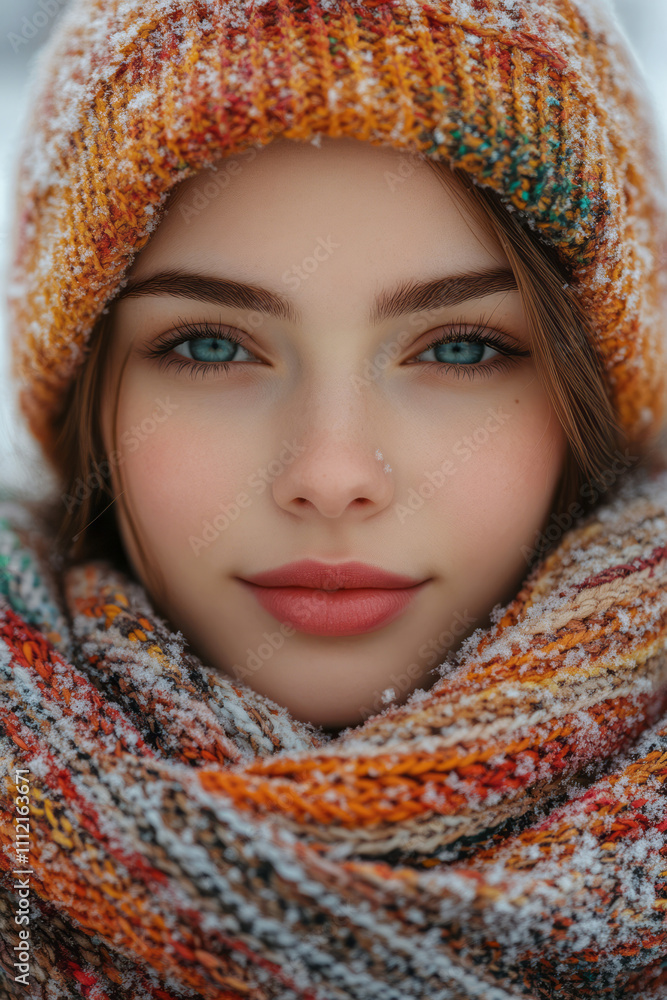 A cheerful girl wearing a colorful knitted shawl over her head, her face framed by delicate snowflakes and a natural blush from the crisp winter air, A cheerful girl wearing a colorful knitted shawl over her head, her face framed by delicate snowflakes and a natural blush from the crisp winter air,