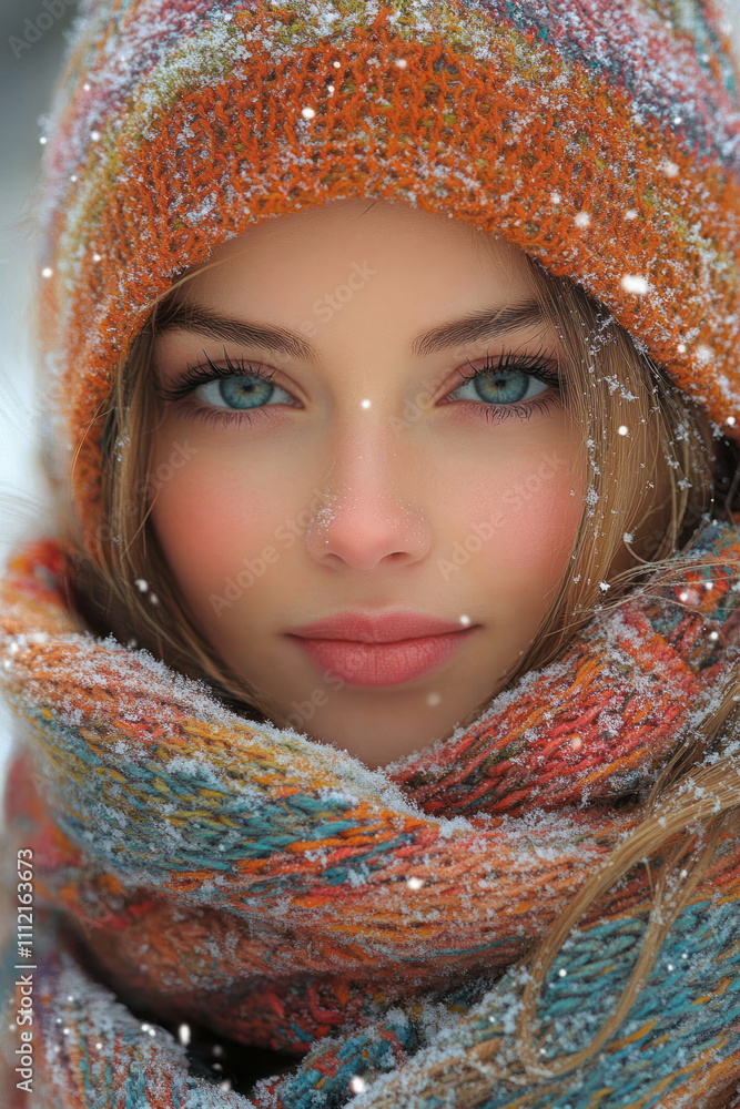 A cheerful girl wearing a colorful knitted shawl over her head, her face framed by delicate snowflakes and a natural blush from the crisp winter air, A cheerful girl wearing a colorful knitted shawl over her head, her face framed by delicate snowflakes and a natural blush from the crisp winter air,