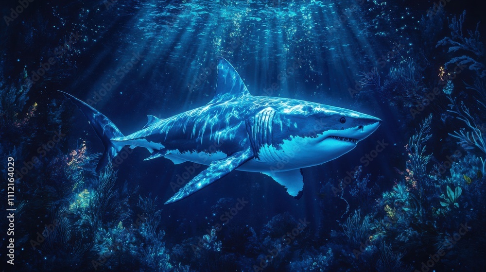 Fototapeta premium Majestic Great White Shark Swimming Gracefully Through Crystal Clear Ocean Waters Surrounded by Vibrant Marine Life in Deep Blue Sea Atmosphere