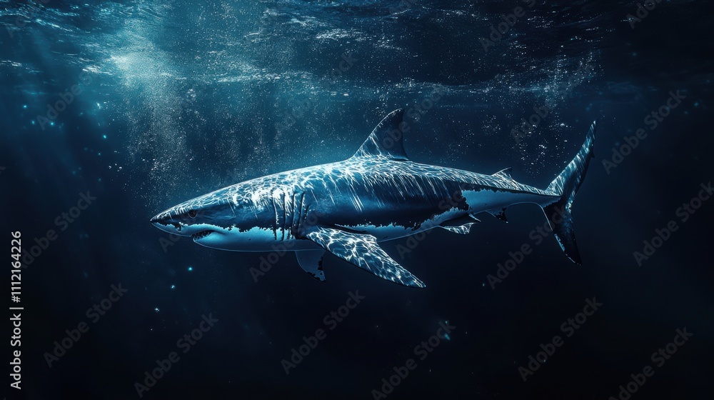 Majestic Great White Shark Swimming Gracefully Underwater in a Serene Ocean Environment with Bubbles and Sunlight Filtering Through the Surface Majestic Great White Shark Swimming Gracefully Underwater in a Serene Ocean Environment with Bubbles and Sunlight Filtering Through the Surface