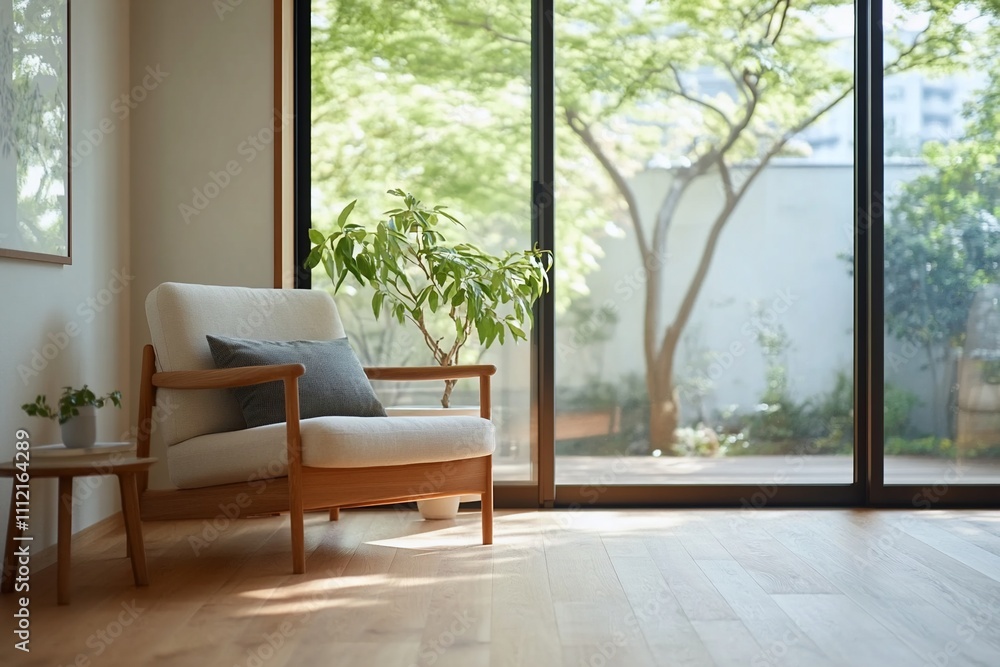 Cozy interior with a chair and a view of greenery outside. Cozy interior with a chair and a view of greenery outside.
