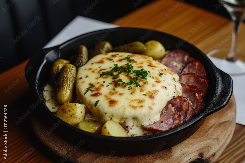 Raclette Cheese Melting: A traditional shot of raclette cheese melting over a dish of boiled potatoes Raclette Cheese Melting: A traditional shot of raclette cheese melting over a dish of boiled potatoes