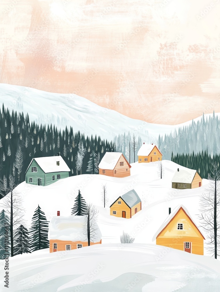 Naklejka premium Minimalist line drawing graphics a flat illustration of a snowy mountain village with cozy cabins and pine trees simple lines vector art style a warm color palette detailed design hand-drawn texture