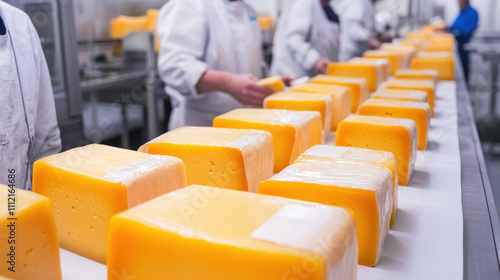 Food factory. Workers in a factory carefully handle large blocks of orange cheese on a production line, showcasing the manufacturing process.