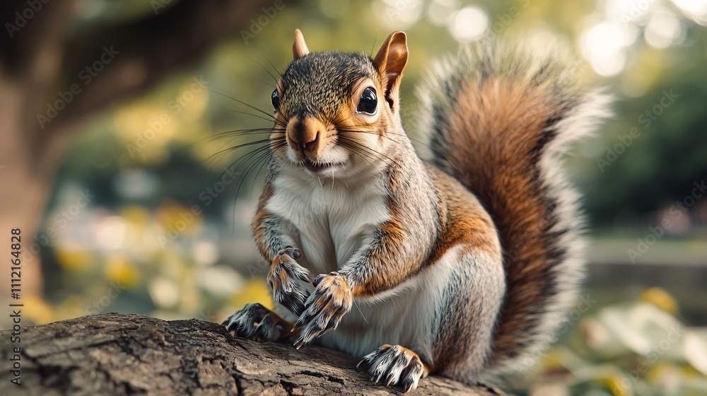 A close-up of a squirrel perched on a log in a natural setting. A close-up of a squirrel perched on a log in a natural setting.
