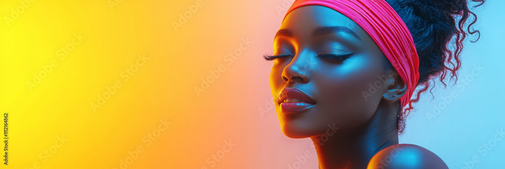 Naklejka premium A playful depiction of a woman at an aerobics class, wearing a vibrant leotard, colorful headband, and leg warmers, with dynamic poses against a clean studio backdrop,
