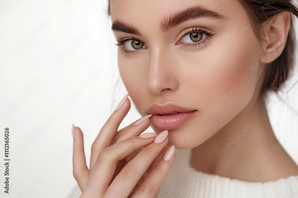 Obraz premium Beautiful woman showing manicured nails. Close-up of a young woman with a beautiful light pink manicure, isolated on a white background with copy space. Manicure, hand care, and beauty treatment.