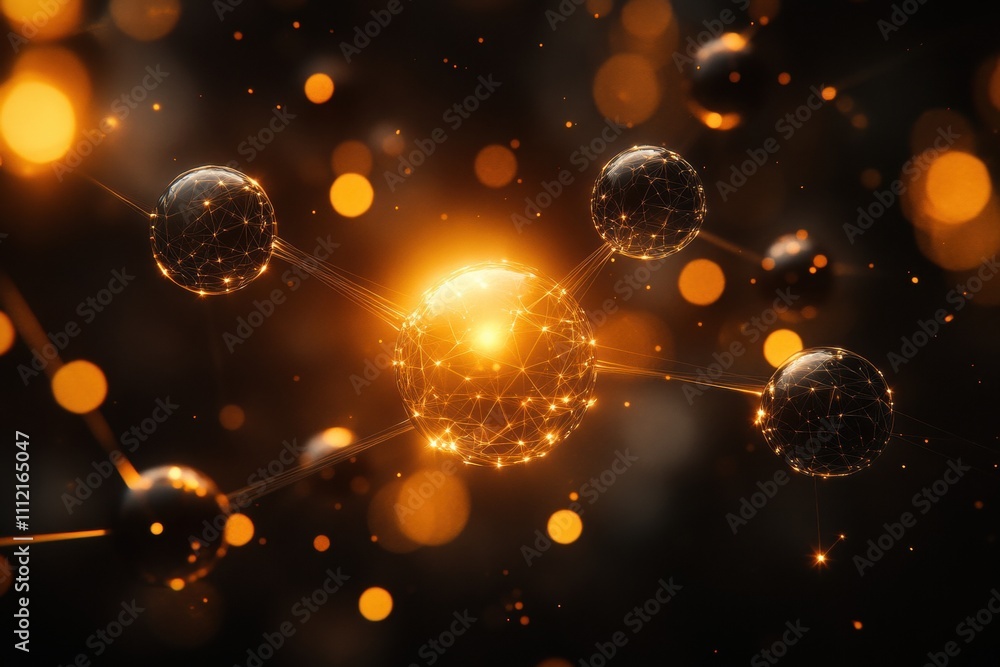 Abstract glowing particles with connected lines in a cosmic atmosphere, showcasing elements of technology, science, and innovation in a dark background.