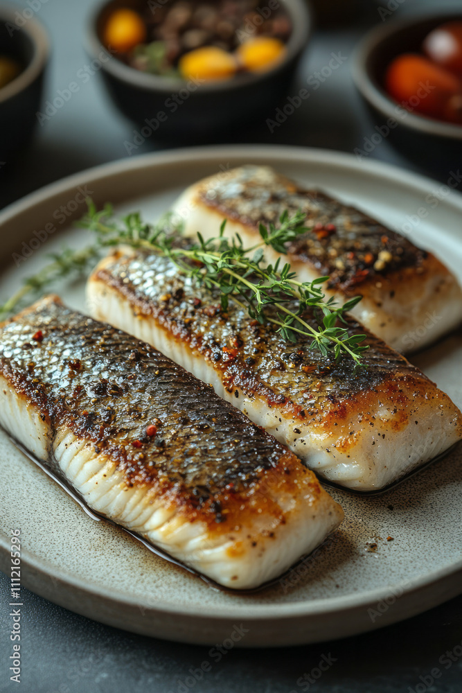 A portion of barracuda steak with its sleek silver skin intact, styled with a single sprig of fresh herbs on a plain ceramic plate against a white backdrop, A portion of barracuda steak with its sleek silver skin intact, styled with a single sprig of fresh herbs on a plain ceramic plate against a white backdrop,