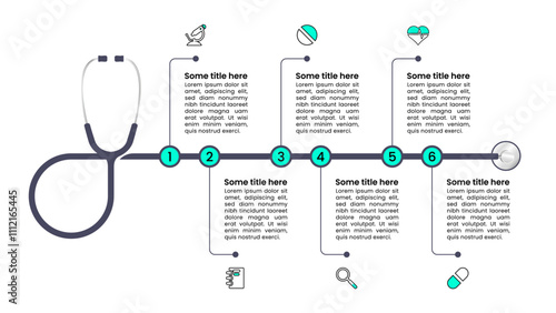 Infographic template. Stethoscope with 6 steps and line