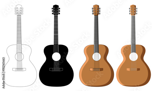 Set of Acoustic guitars with different designs isolated on a transparent background, music design element