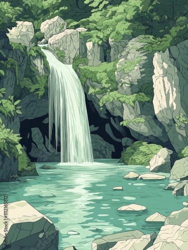 Minimalist line drawing graphics a flat illustration of a flowing waterfall cascading into a crystal-clear pool surrounded by mossy rocks simple lines vector art style a cool color palette detailed