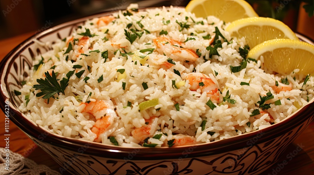 Fresh Shrimp Rice Dish with Lemon Garnish and Herbs Fresh Shrimp Rice Dish with Lemon Garnish and Herbs