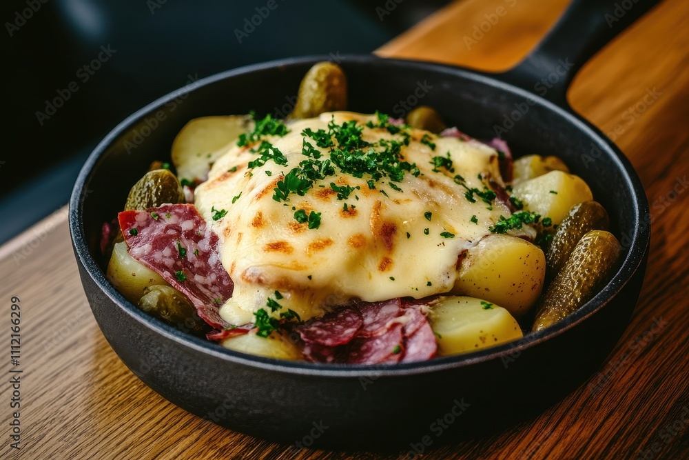 Raclette Cheese Melting: A traditional shot of raclette cheese melting over a dish of boiled potatoes Raclette Cheese Melting: A traditional shot of raclette cheese melting over a dish of boiled potatoes