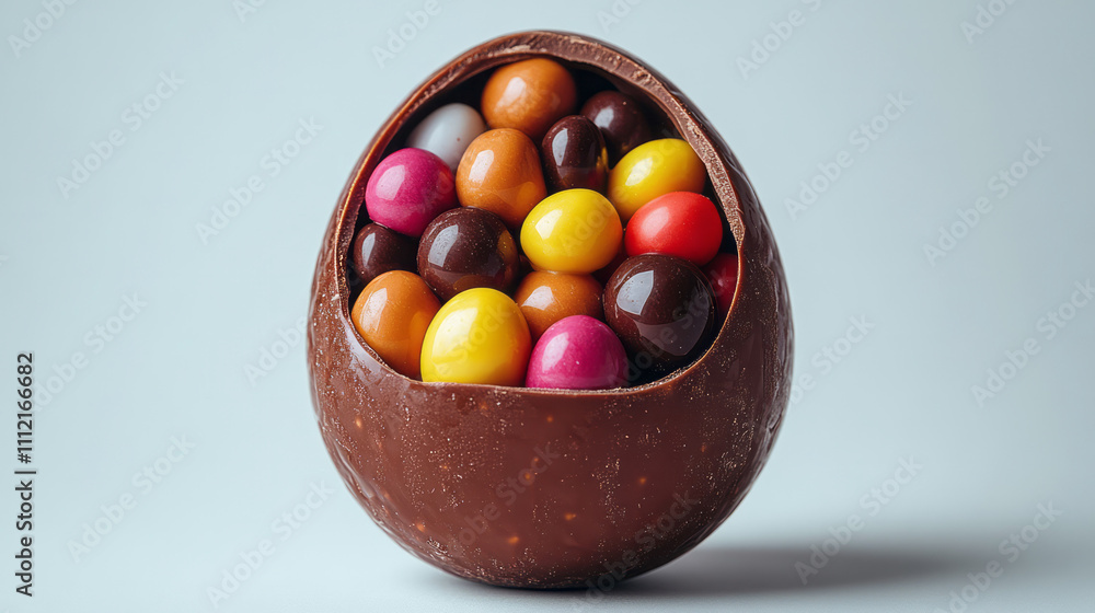 A partially opened chocolate egg with its colorful surprise visible inside, isolated on a clean white surface for a simple and striking presentation,