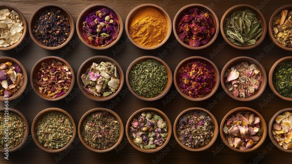 Colorful Arrangement of Spices and Herbs in Ceramic Bowls Decor Colorful Arrangement of Spices and Herbs in Ceramic Bowls Decor