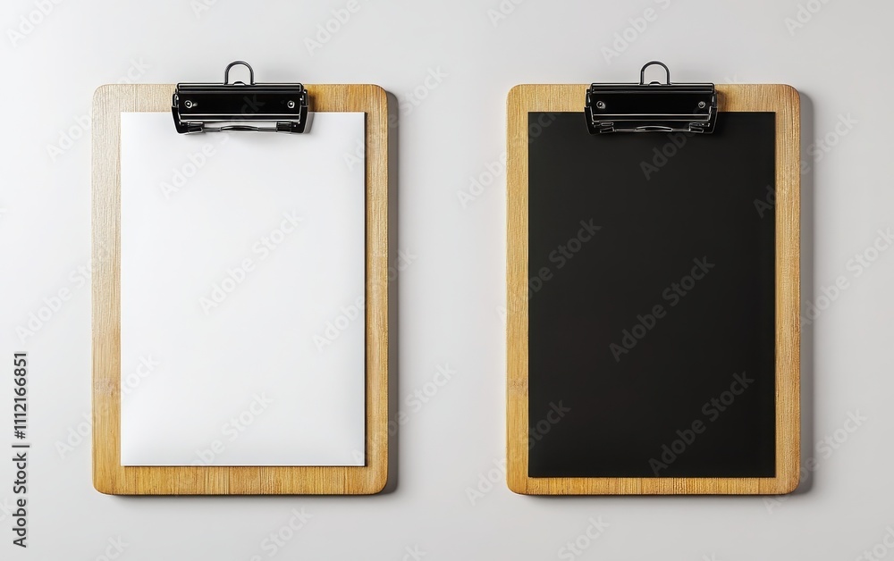A side-by-side comparison of two wooden clipboards on a clean white background, one holding an empty white sheet and the other a black paper A side-by-side comparison of two wooden clipboards on a clean white background, one holding an empty white sheet and the other a black paper
