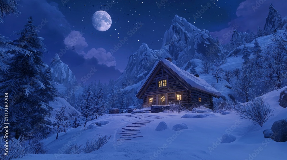 Fototapeta premium Serene Winter Night: Moonlit Snow-Covered Cabin exuding Warmth and Comfort | Ultra-Detailed Tranquil Scene for Relaxation and Coziness