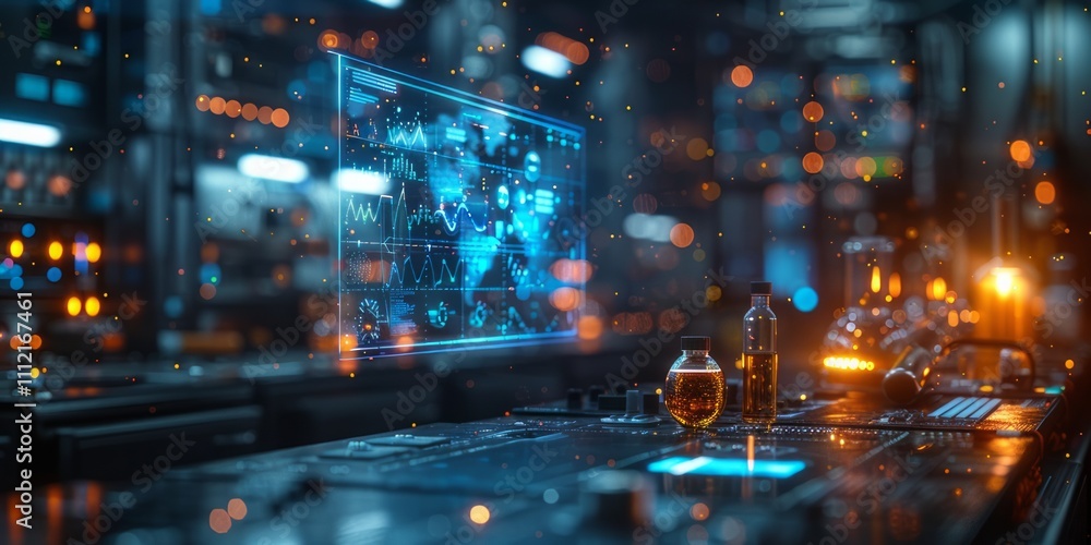 Futuristic laboratory with holographic data displays, scientific instruments, and glowing analytics Futuristic laboratory with holographic data displays, scientific instruments, and glowing analytics