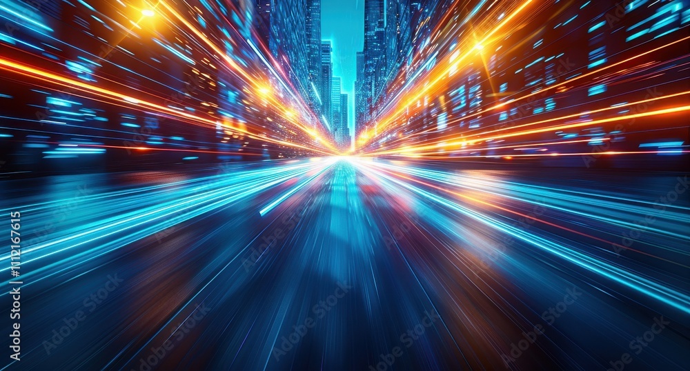 A city skyline is lit up with neon lights and the road is filled with cars A city skyline is lit up with neon lights and the road is filled with cars