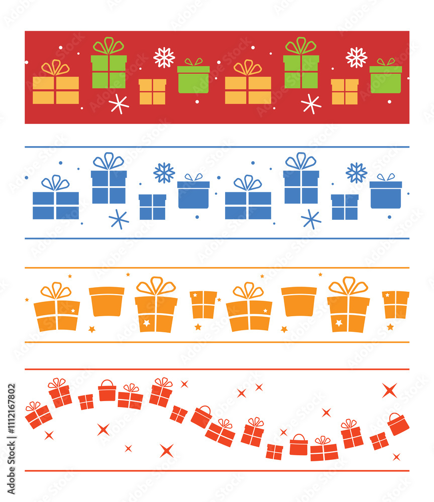 color seamless borders with gift boxes for Christmas. vector set. winter.