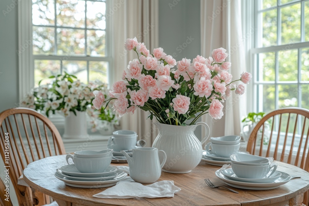 Elegant Dining Table Setting with Pink Carnations in a Bright Room Surrounded by Natural Light and Fresh Flora for a Serene Atmosphere Elegant Dining Table Setting with Pink Carnations in a Bright Room Surrounded by Natural Light and Fresh Flora for a Serene Atmosphere