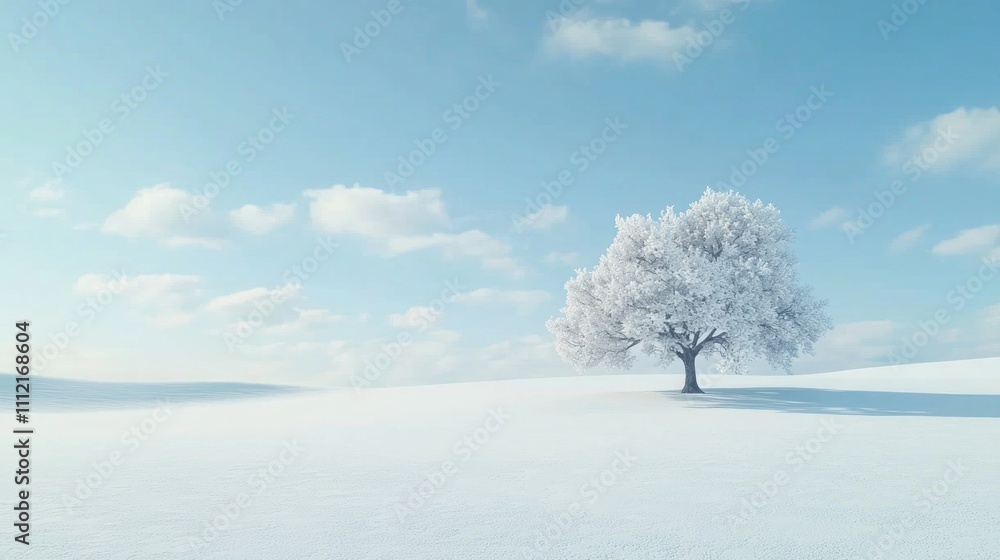 Fototapeta premium Tranquil Winter Scene: Snow-Covered Field with Solitary Oak Tree | Ultra-Detailed Photorealistic Landscape of Serene Winter Beauty