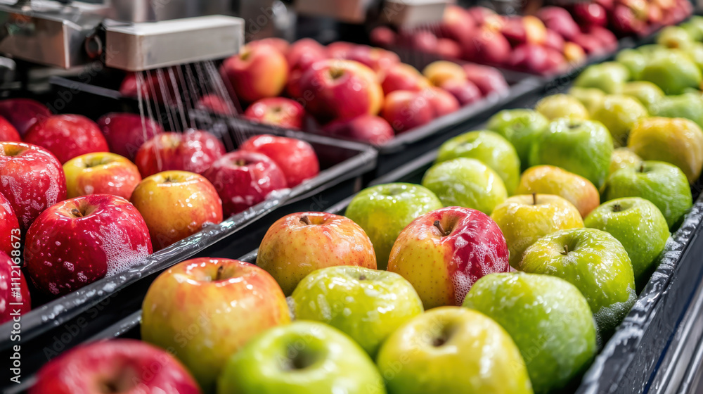 Food factory. A vibrant display of red and green apples being washed, showcasing freshness in a grocery setting with a focus on health and quality. Food factory. A vibrant display of red and green apples being washed, showcasing freshness in a grocery setting with a focus on health and quality.