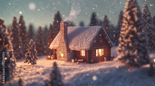 Cozy Winter Cabin Amid Snowy Trees in Magical Evening Setting