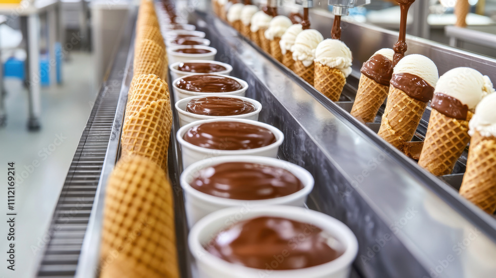 Food factory. A production line showcasing ice cream cones and cups being filled with chocolate sauce and topped with vanilla ice cream. Food factory. A production line showcasing ice cream cones and cups being filled with chocolate sauce and topped with vanilla ice cream.