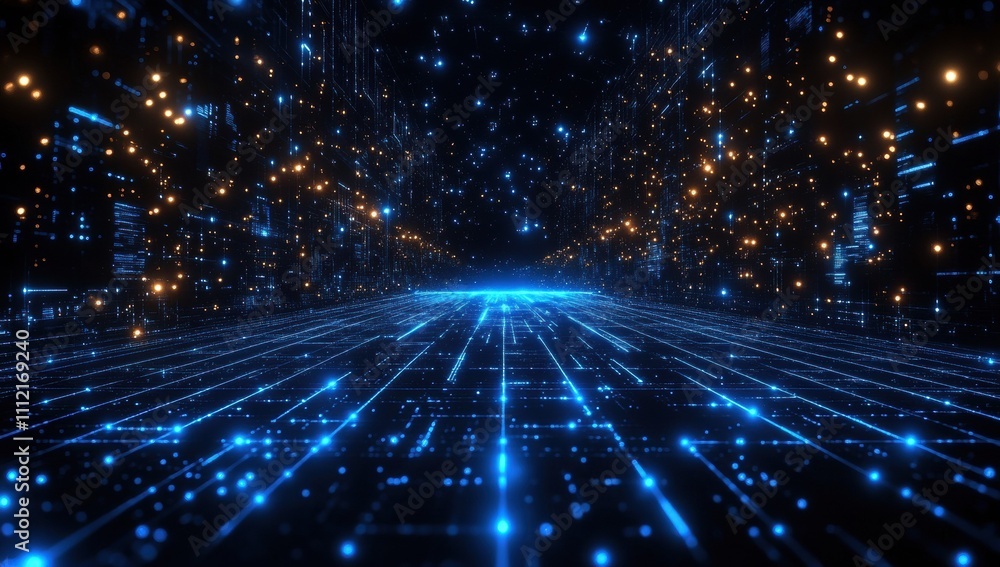 Obraz premium Digital data and binary code background with an abstract, glowing cityscape on a dark blue, hi-tech concept
