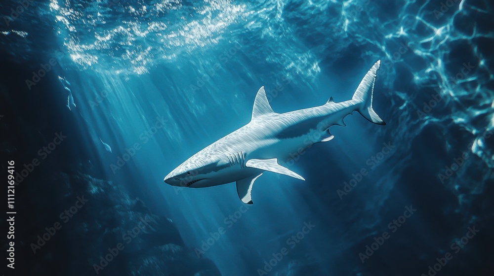 Fototapeta premium Majestic Shark Swimming Gracefully Beneath Sunlit Ocean Surface with Rays of Light Illuminating its Sleek Body and Surrounding Marine Environment