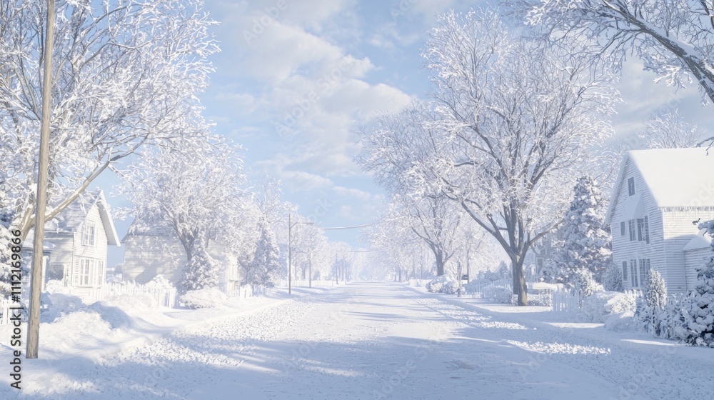 Naklejka premium Serene Winter Morning: Tranquil Street Covered in Fresh Snow - Ultra-Detailed Photorealistic Scene for Peaceful Reflection