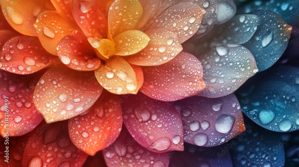 Dew Drops on Vibrant Flower Petals Displaying a Rainbow of Colors