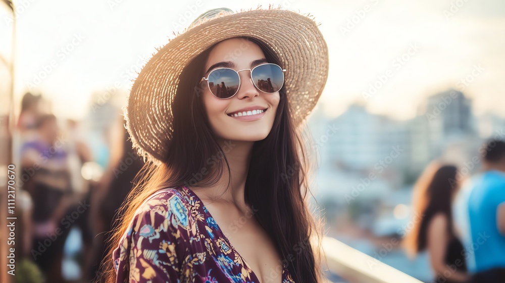 A young woman in a floral dress, straw hat, and sunglasses, smiles brightly at the camera.