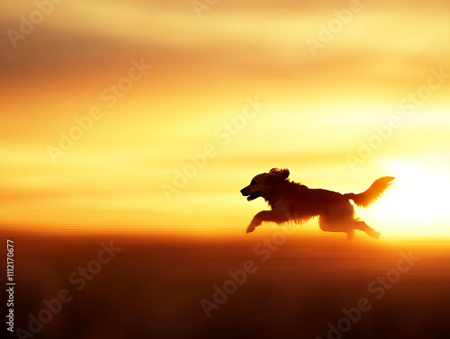 golden retriever mid chase leaping energetically through sunlit field at sunset, creating silhouette against vibrant sky. scene captures joy and freedom of moment photo