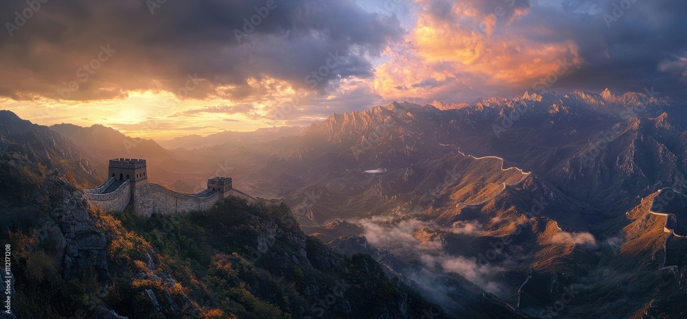 Majestic Sunset Over Mountainous Landscape with Ancient Wall in Foreground, Capturing the Beauty and Serenity of Nature and History Majestic Sunset Over Mountainous Landscape with Ancient Wall in Foreground, Capturing the Beauty and Serenity of Nature and History