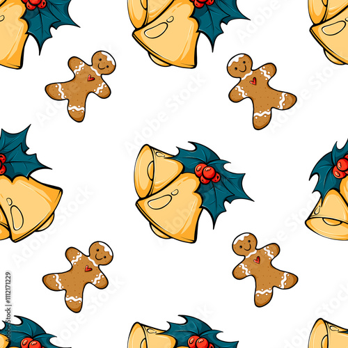 christmas cookies and bells seamless pattern, Holiday  paytern, Christmas gingerbread, bells and holly seamless pattern photo