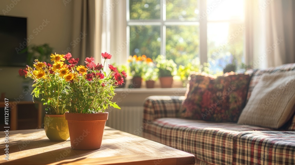 A cozy 60s-style family room with a plaid sofa, a low wooden coffee table, and vibrant potted flowers placed on a sunny windowsill A cozy 60s-style family room with a plaid sofa, a low wooden coffee table, and vibrant potted flowers placed on a sunny windowsill
