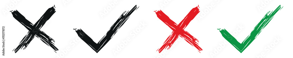 Hand-drawn check mark, x mark symbol icons set with brush stroke. Hand-drawn check mark, x mark symbol icons set with brush stroke.