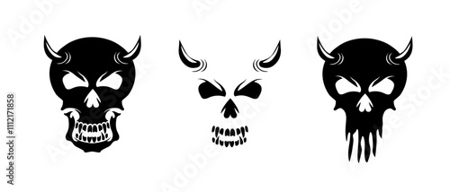 A Halloween themed creepy skull with happy yet scary features, Gothic brush strokes, and decorative ink splashes, styled for spooky decorations or tattoo designs.