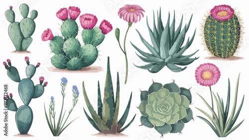 Blooming cacti, aloe vera, and desert flowers illustrations
